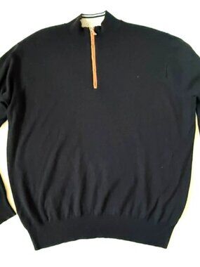 Peter Millar Men XL Crown Pullover Zip Sweater Suede Trim Merino Wool Silk Black
